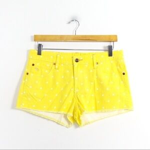 QSD canary yellow polka dot denim jean shorts cut-off raw hem M medium beach fun
